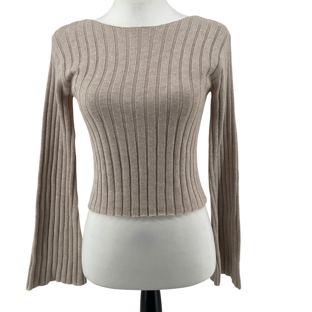 Hippie Rose‎ Ribbed Knit Sweater Small Neutral Tan Boho Cottagecore Bell Sleeve